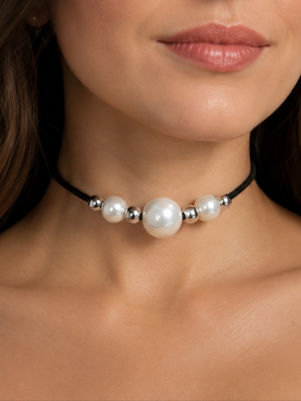 Stylish Faux Pearl & Suede Choker Necklace